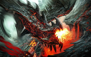 black and red dragon breathing fire digital wallpaper, dragon, fantasy art, digital art, painting HD wallpaper