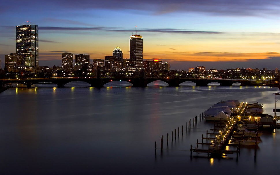 city buildings, sunset, cityscape, Boston HD wallpaper