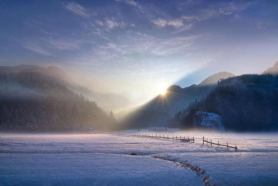 snowfield near mountain range under golden hour, landscape, nature, photography, winter HD wallpaper