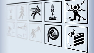 assorted-feature signage stickers, Portal (game), Portal 2, warning signs, video games HD wallpaper
