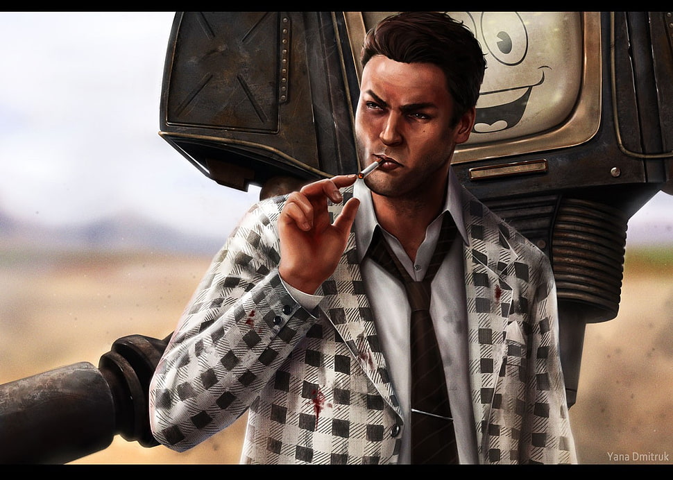 men's gray and white checkered notched lapel suit jacket painting, Fallout: New Vegas, apocalyptic, Fallout, video games HD wallpaper