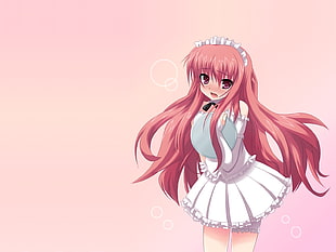 pink haired Anime character in white maid costume digital wallpaper