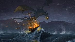 galleon ship sailing on giant wave wallpaper, artwork, fantasy art, dragon, ship
