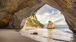 ocean, New Zealand, cathedral cove, beach HD wallpaper