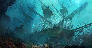 black galleon ship, artwork, sinking ships, ship, drawing HD wallpaper