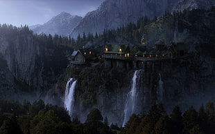 brown wooden house on mountain hill during nighttime, The Lord of the Rings, Rivendell HD wallpaper
