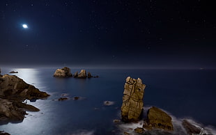 brown rock formations, nature, landscape, night, Moon