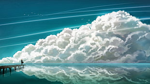 cloudy sky, clouds, cartoon, lake, water HD wallpaper