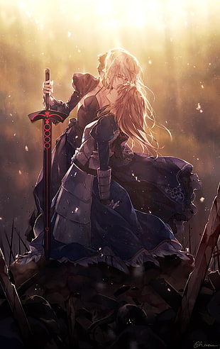 female anime character with brown long hair and black long sword, Fate Series, Fate/Stay Night, anime girls, Saber