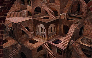 red bricked stairs, digital art, optical illusion, brown, M. C. Escher