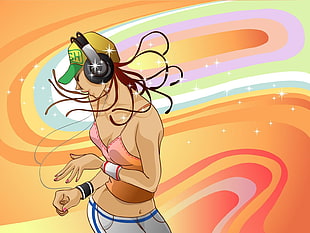 girl wearing pink headphone vector art