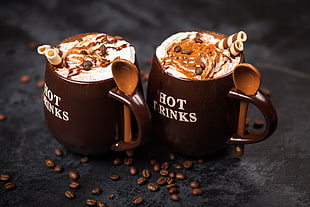 two brown ceramic mugs, food, Hot Cocoa, cup, spoon