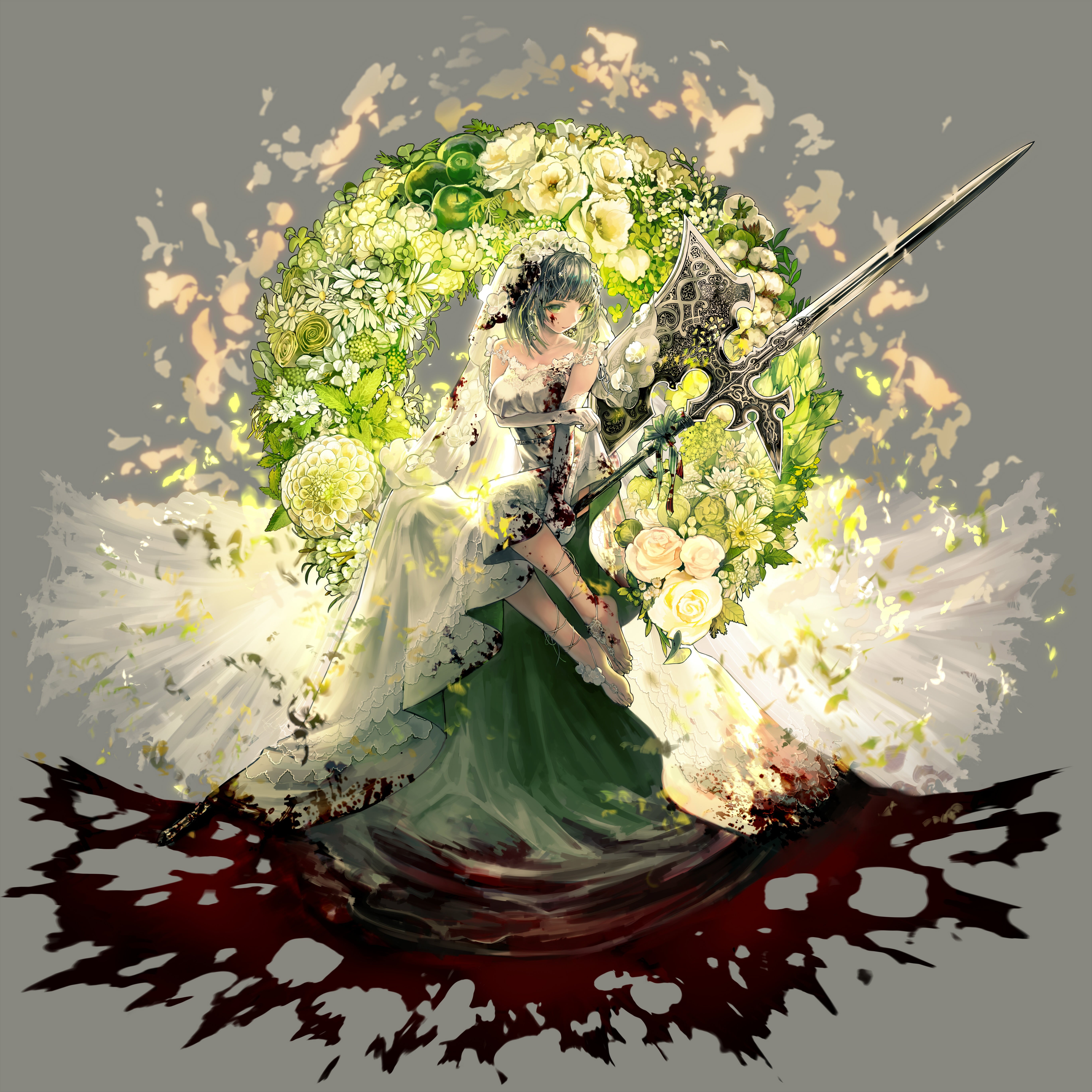 white and green flower wreath, blood, weapon, green dress, simple background