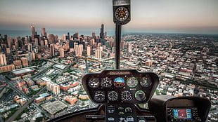 black aircraft dashboard console, city, airplane, cityscape, cockpit