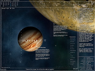 black and brown wooden table, infographics, planet, Jupiter