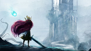 long-haired person holding sword looking at castle, drawing, sword, Aurora, Child of Light