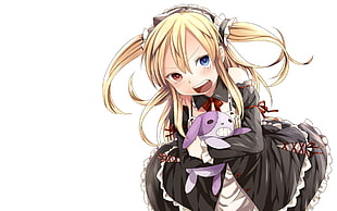 blonde haired girl anime charter wearing black dress holding dolls HD wallpaper