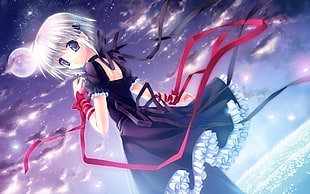 white haired female anime character wearing black dress