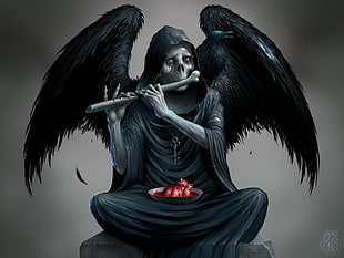 reaper holding flute illustration, Grim Reaper, raven, heart, fantasy art