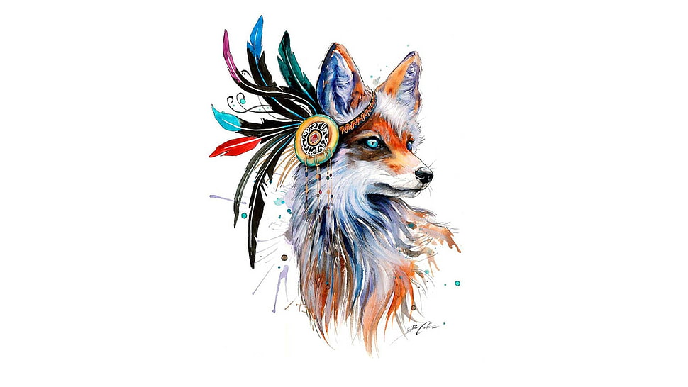fox with feather headdress painting HD wallpaper