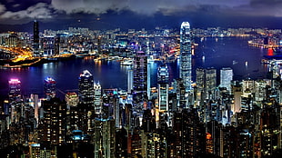 lighted cityscape, cityscape, building, lights, Hong Kong