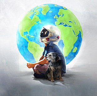 boy in blue shirt and helmet near globe poster illustration