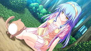 female anime character wearing yellow dress with blue hair