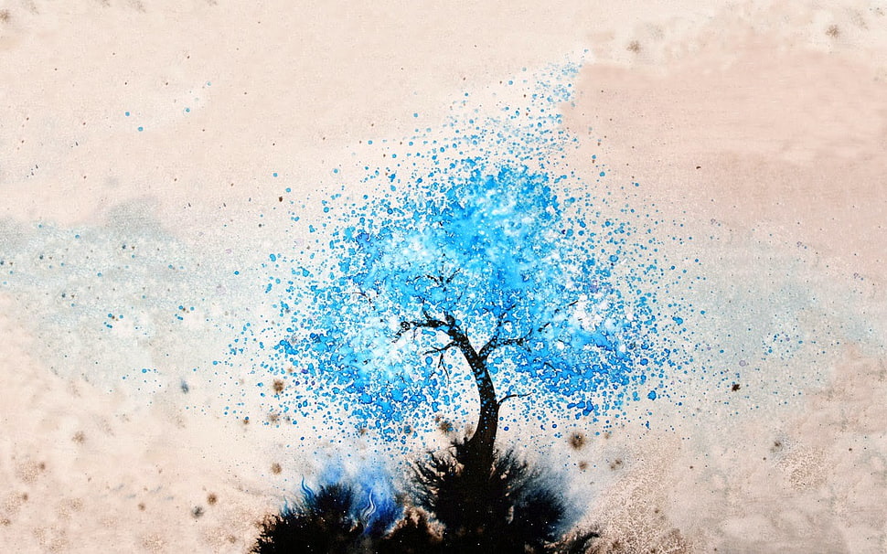 blue leafed tree painting, artwork, trees, digital art, nature HD wallpaper