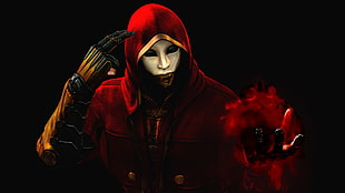 red hooded maskesd man HD wallpaper