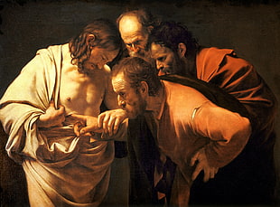 Jesus Christ and three men painting, oil painting, artwork, Caravaggio