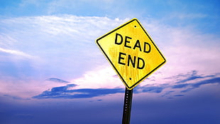 yellow dead end signage, sky, road sign