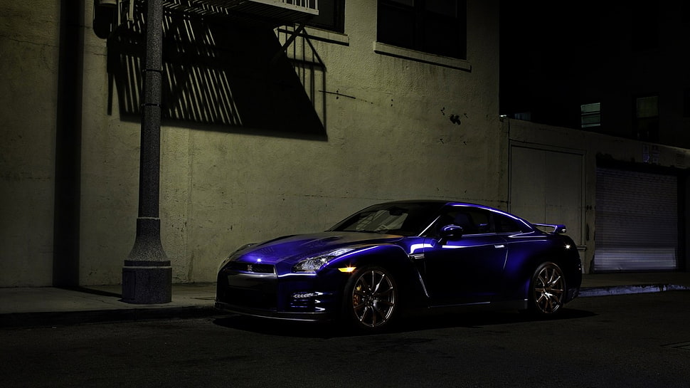 blue coupe, Nissan GT-R, car, blue cars, street light HD wallpaper