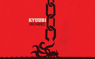 red background with Kyuubi Unchained text overlay, Naruto Shippuuden, Kyuubi, Django Unchained, crossover HD wallpaper