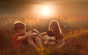 brown ukulele, nature, children