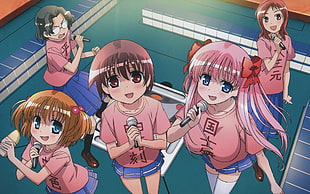 five pink dressed girl anime characters singing