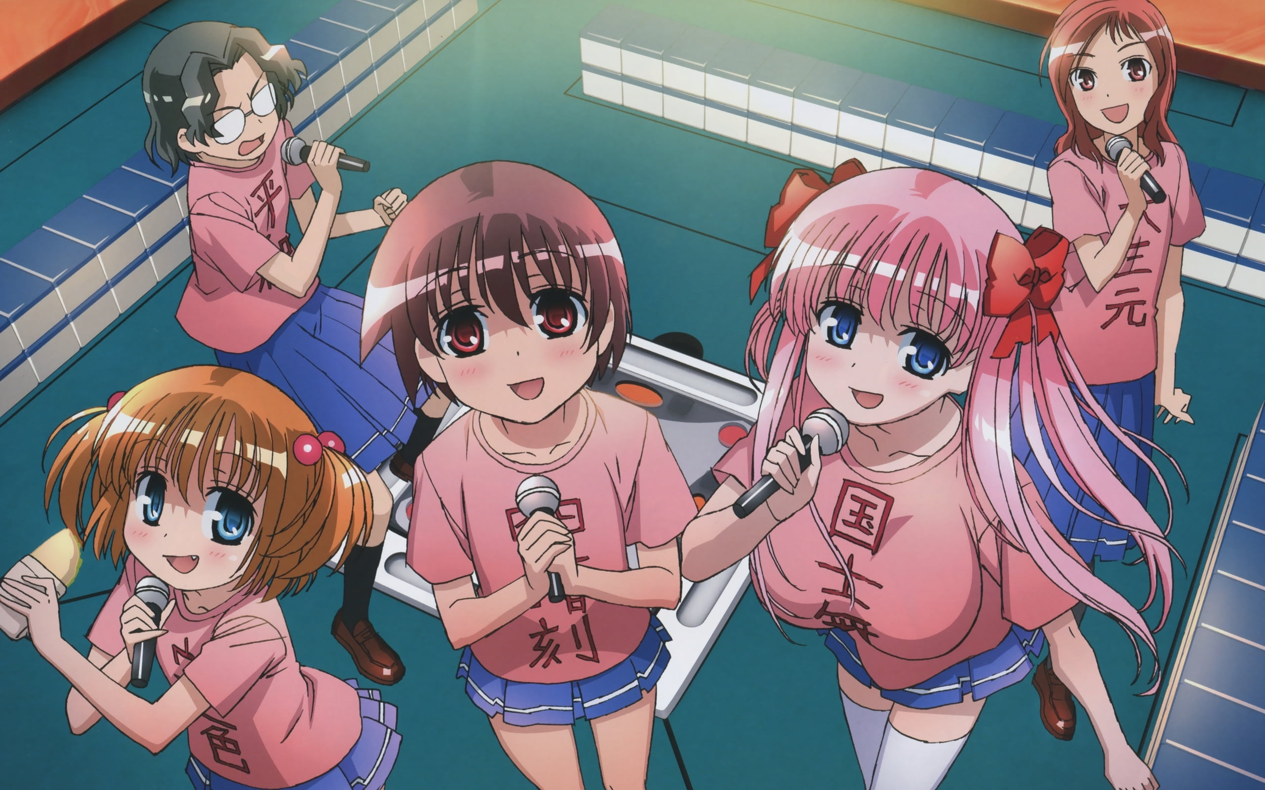 five pink dressed girl anime characters singing