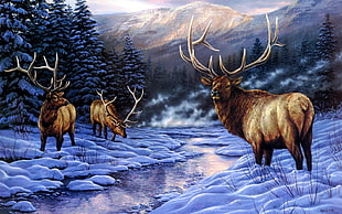 painting deer, elk, artwork, winter, animals