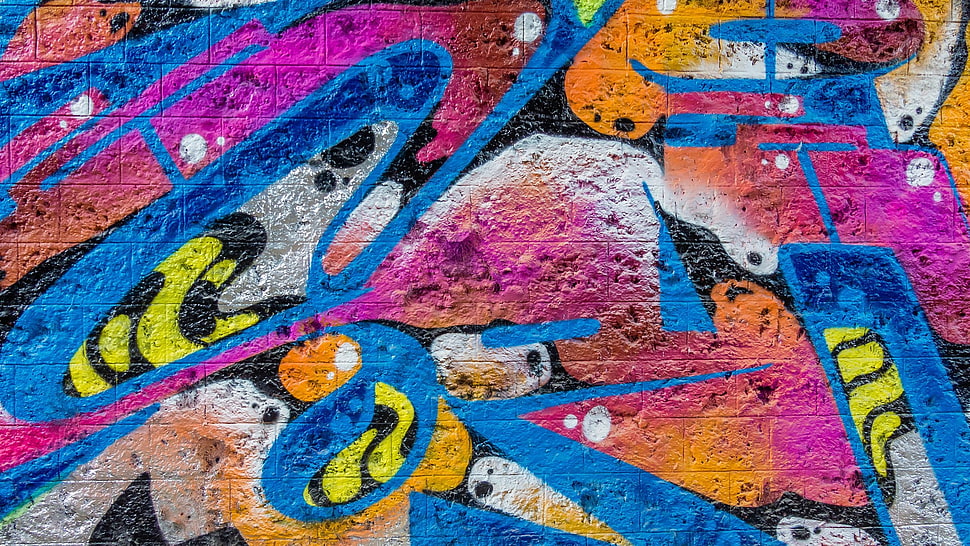 blue, red, and yellow floral area rug, artwork, graffiti, wall, bricks HD wallpaper