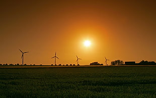 silhouette of wind turbine, landscape, sunset, nature, Sun HD wallpaper