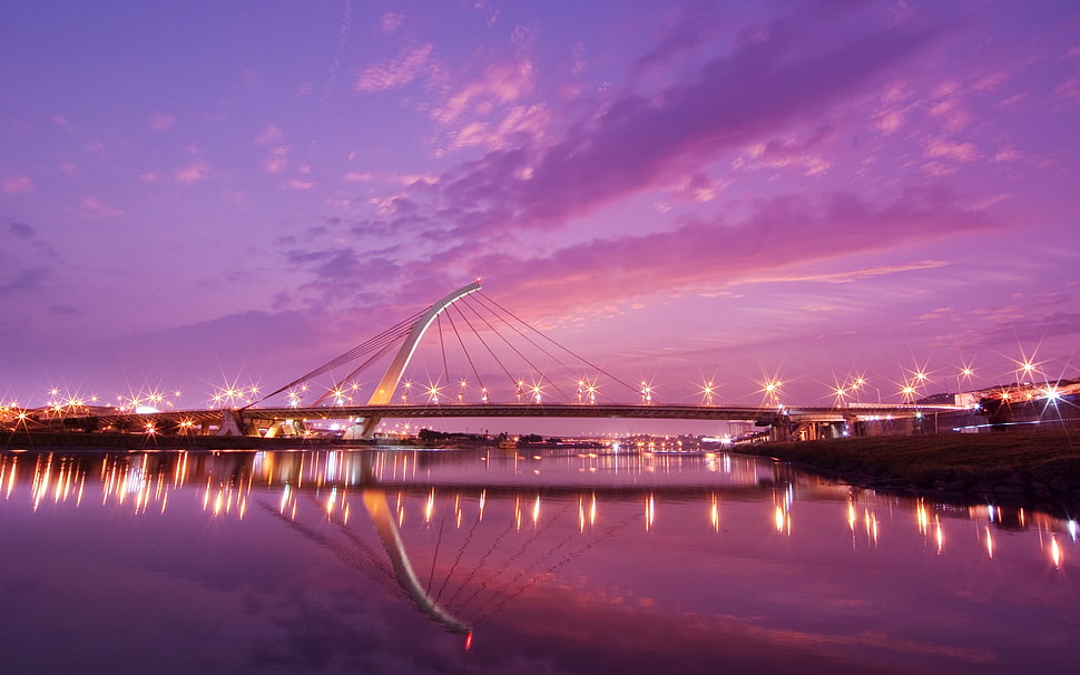 gray bridge, city, lights, bridge, reflection HD wallpaper
