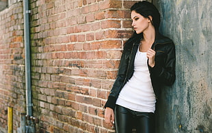 women's black leather jacket and white top, women, dark hair, leather jackets, white tops HD wallpaper