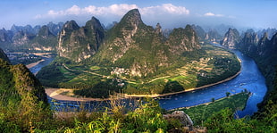 green mountain, panoramas, river, mountains, villages