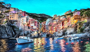 painting of white boat near high-rise buildings, Rio Maggiore, Italy, sea, Cinque Terre HD wallpaper