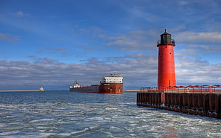 red lighthouse, oil tanker, ice, lighthouse, sea