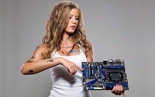 blue and black computer motherboard and women's white tank top, MSI, motherboards, women, blonde HD wallpaper
