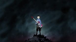 black haired male anime character holding guitar illustration, music, FLCL, Nandaba Naota, anime boys
