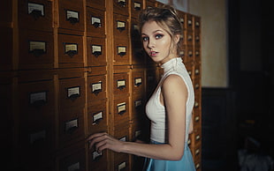 women's white turtleneck sleeveless top and blue skirt, women, model, Sergey Zhirnov, blue skirt HD wallpaper