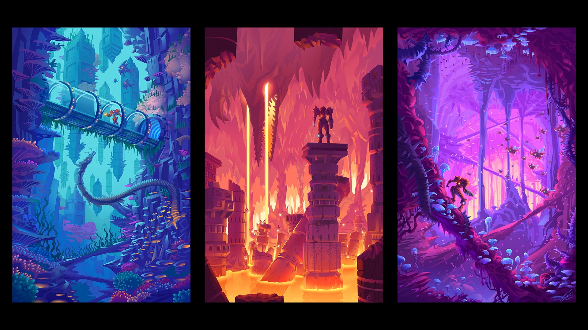three panel game cover, Metroid, video games, artwork, fantasy art
