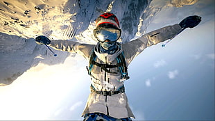 men's white overall suit, Steep, PlayStation 4, backflip, snow