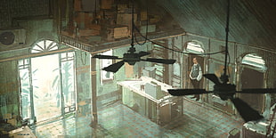 black 4-blade ceiling fan, artwork, building, men, interior